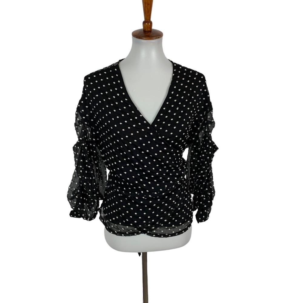 Elizabeth Crosby Wrap Top Small Black Polka Dot Long Sleeve Workwear Classic